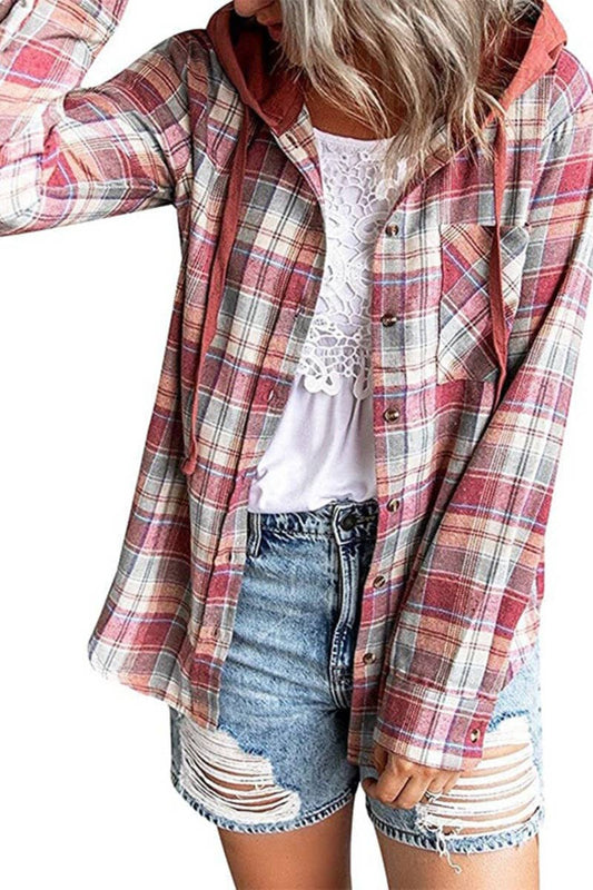 CWTSTL2118_WINTER HOODED PLAID BUTTON-DOWN SHIRT TOP COAT