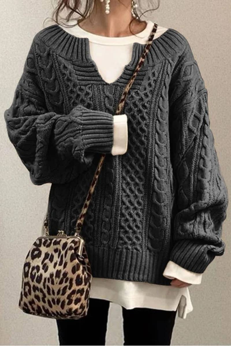 CWOSWL6645_CASUAL V-NECK LONG SLEEVE SWEATER WITH TWIST
