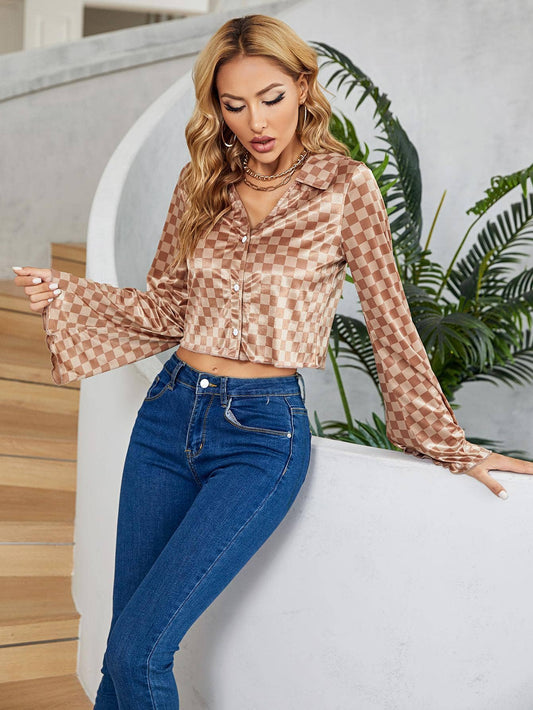 COLOR CONTRAST PLAID LONG-SLEEVED SHIRT FOR WOMEN