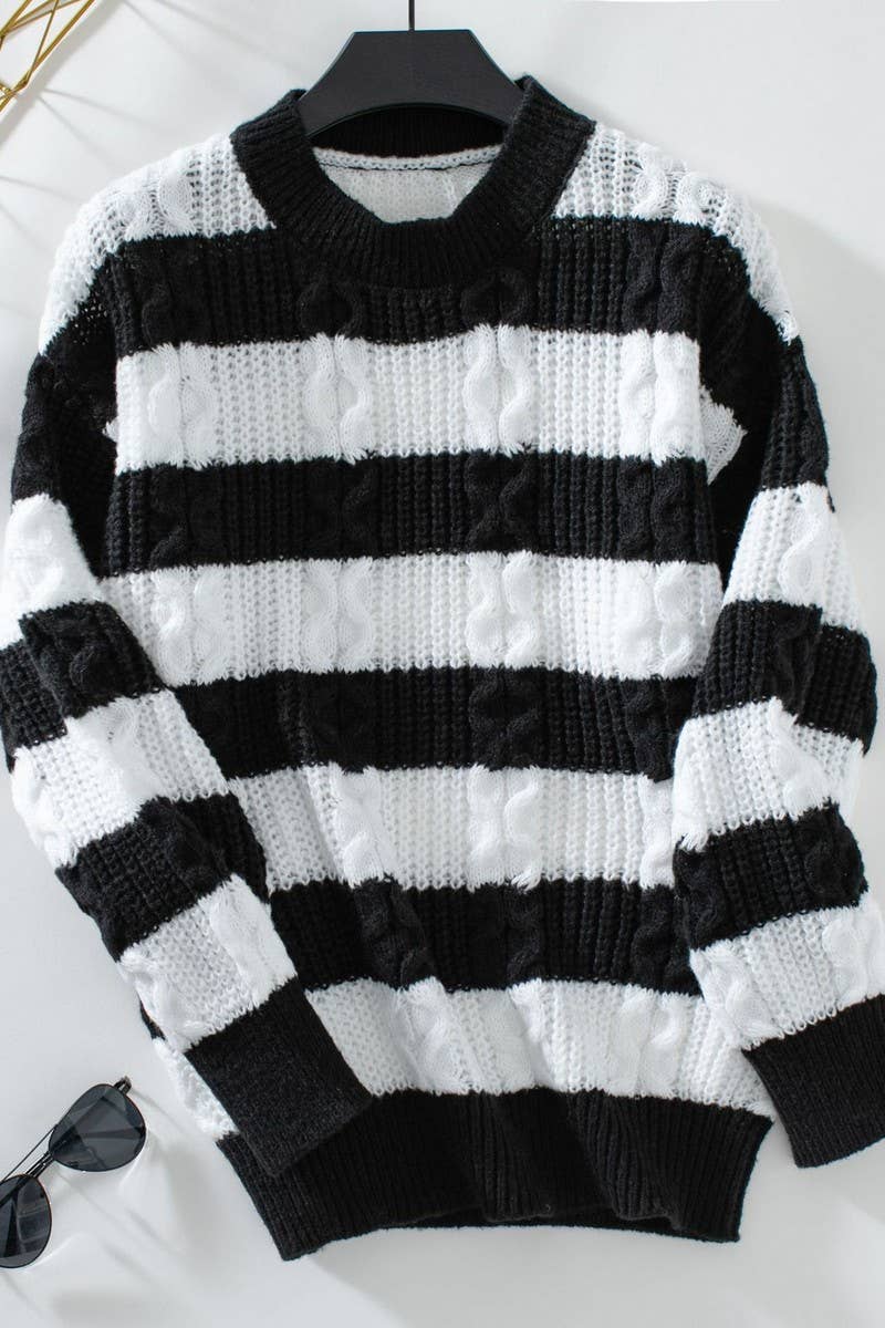 CWOSWL2917_PULLOVER STRIPED LOOSE CABLE KNIT SWEATER