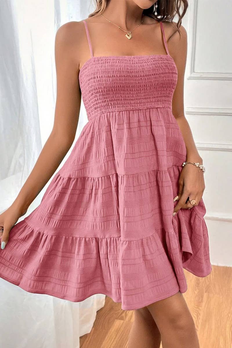 CWDHL0739_SUMMER SOLID COLOR TEXTURED SUSPENDER DRESS