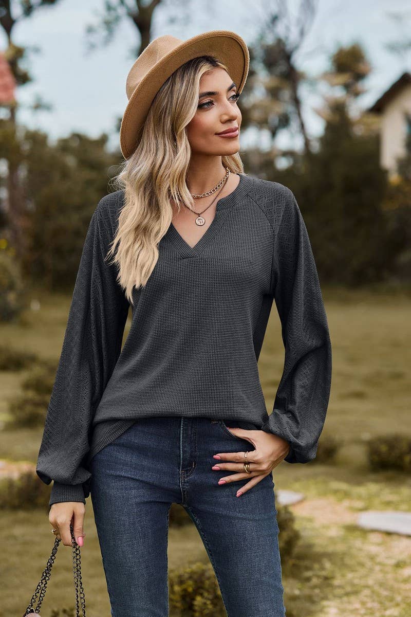 CWTBLL01313_V NECK WAFFLE KNIT SOLID LONG SLEEVE LOOSE TEE