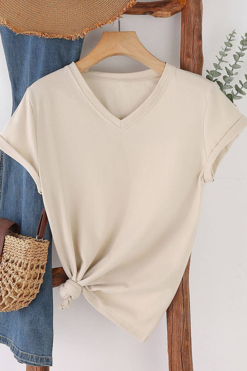 CWTTS1544_V-NECK FASHION SIMPLE SOLID COLOR SHORT SLEEVES