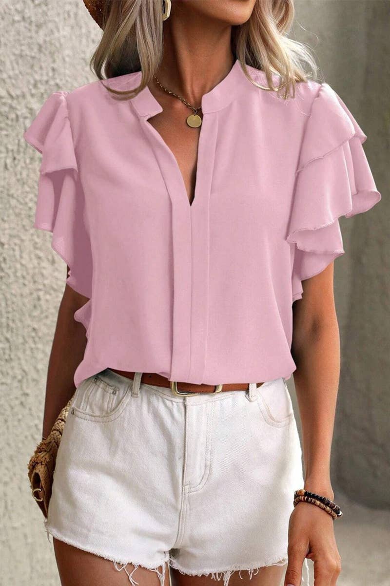 CWTSTS0666_SUMMER V-NECK CASUAL RUFFLE SLEEVE SHIRT