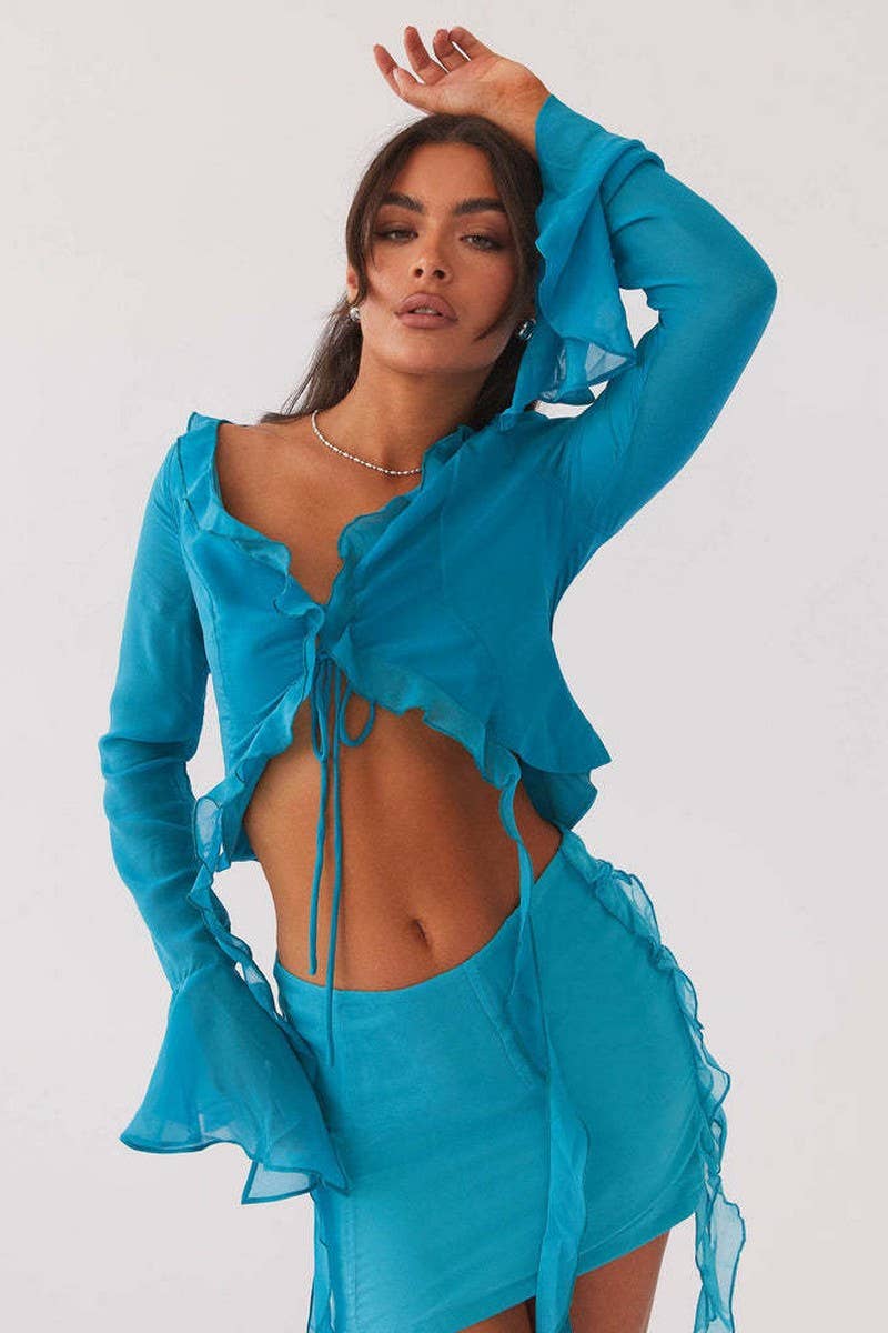 CWSTB2031_RUFFLE FRINGE LONG SLEEVE BODYCON SKIRT SET