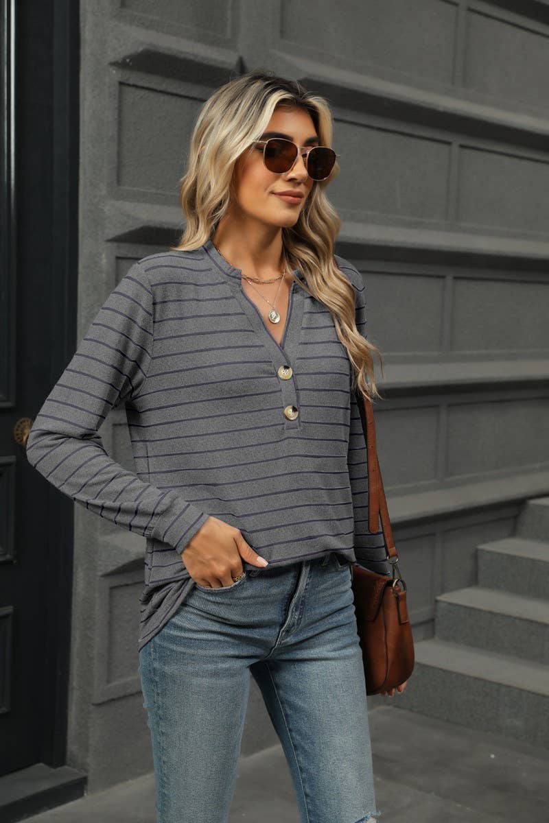 CWTBLL1864_STRIPED BRUSHED BUTTON LONG-SLEEVED T-SHIRT