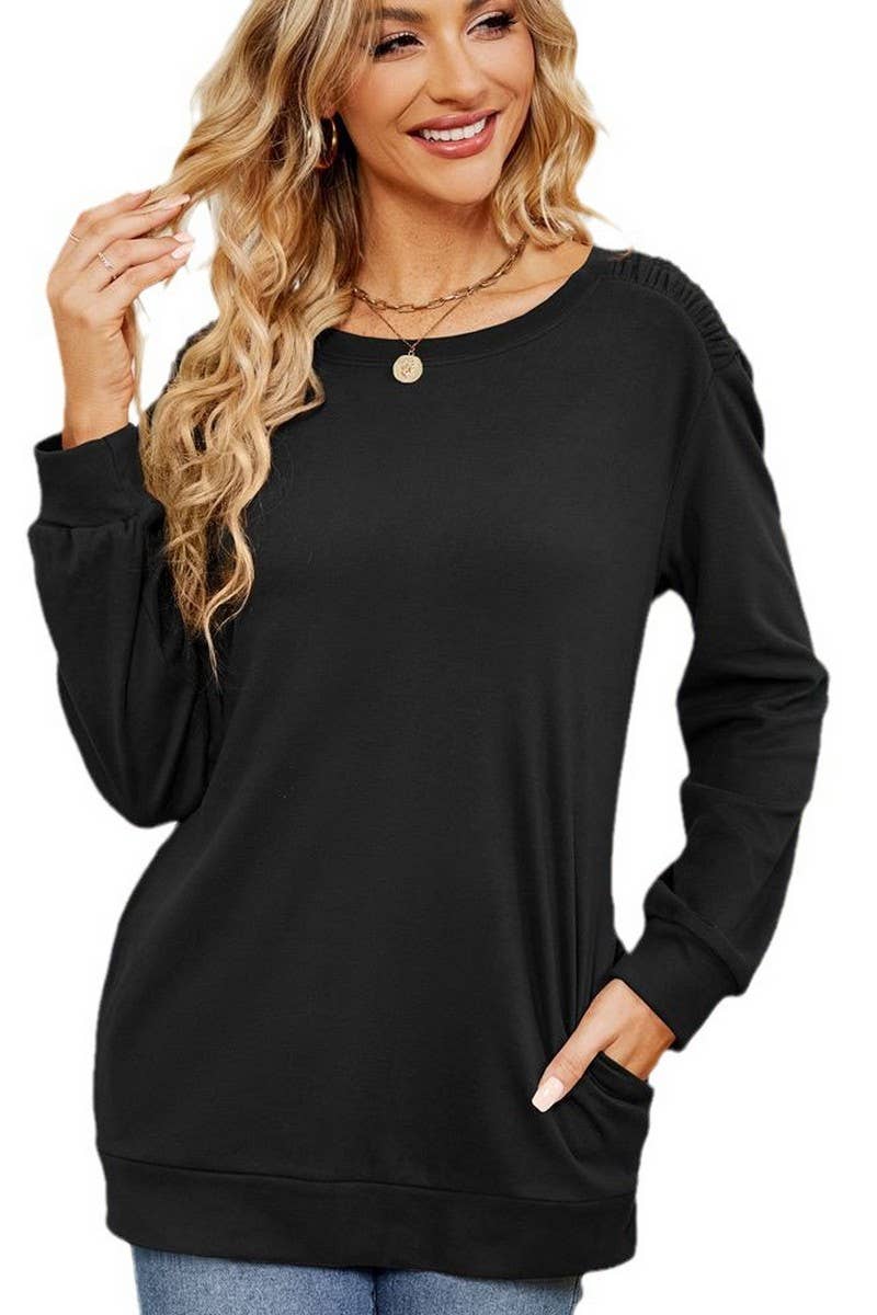CWTBLL2384_SOLID COLOR ROUND NECK LONG SLEEVE POCKET T-SHIRT