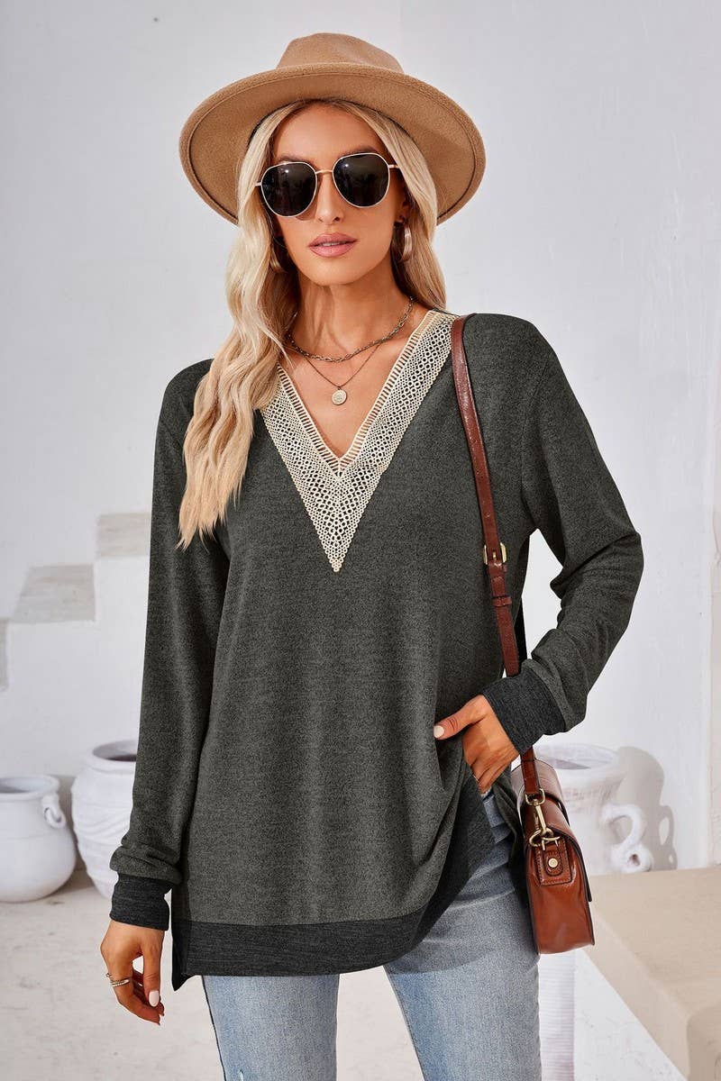 CWTBLL3660_AUTUMN NEW V-NECK LACE SOLID COLOR LOOSE T-SHIRT
