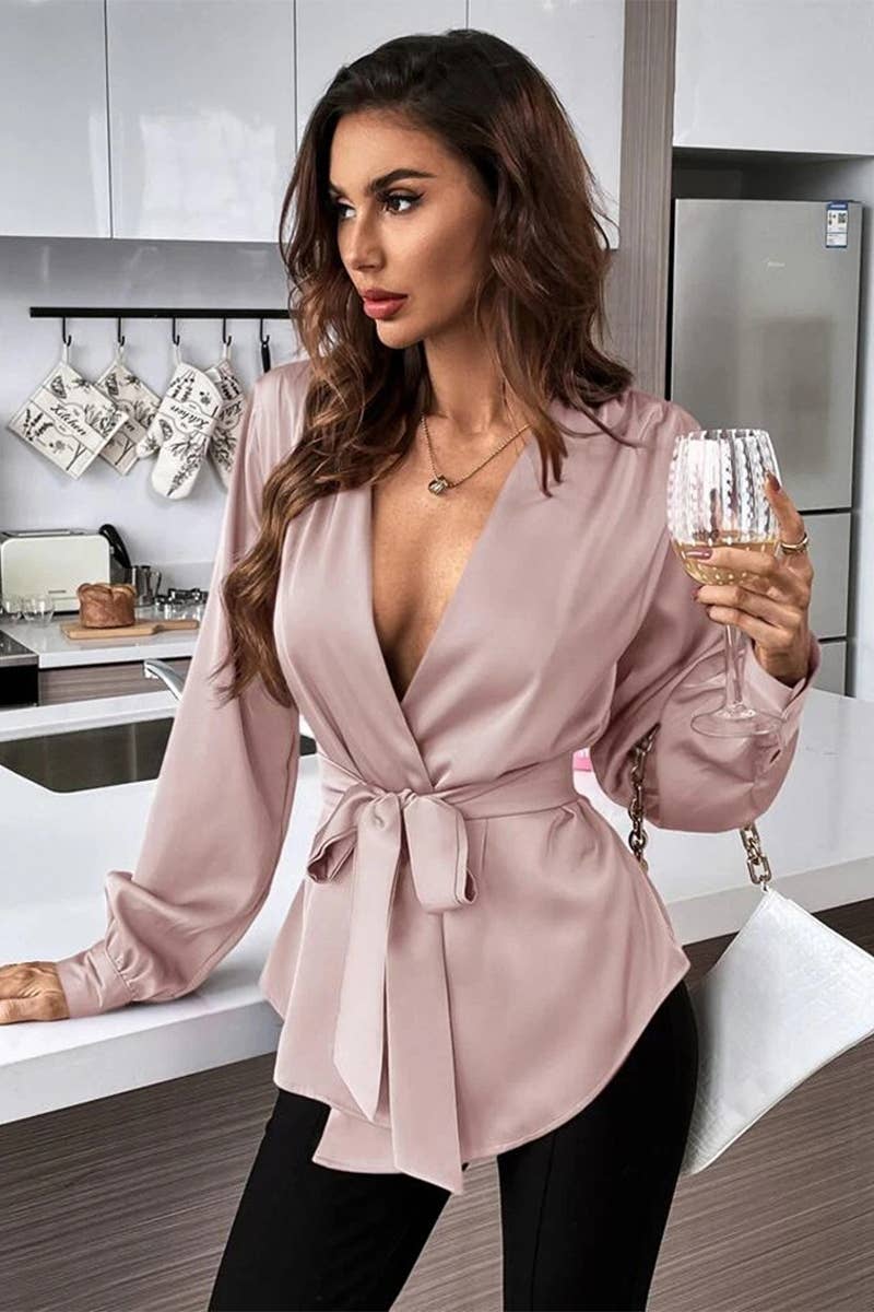 CWTBLL3934_V-NECK SOLID COLOR DRAWSTRING ASYMMETRIC HEM SHIR