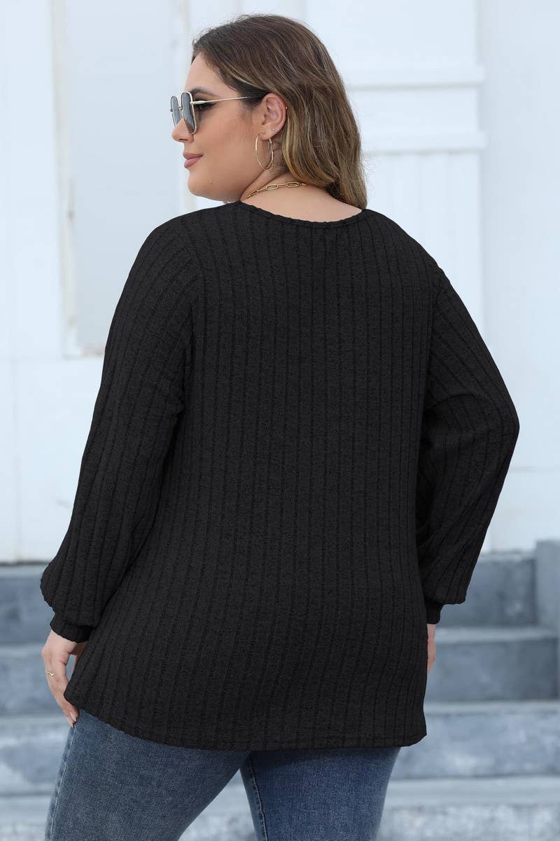 CWTTL1311_PLUS Size V-Neck Long Sleeve Pullover Top