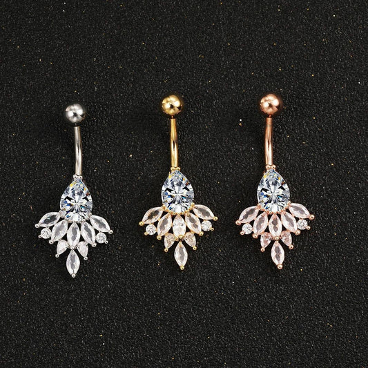 Peacock Flower Belly Ring Zircon Navel Piercing_CWMM9307