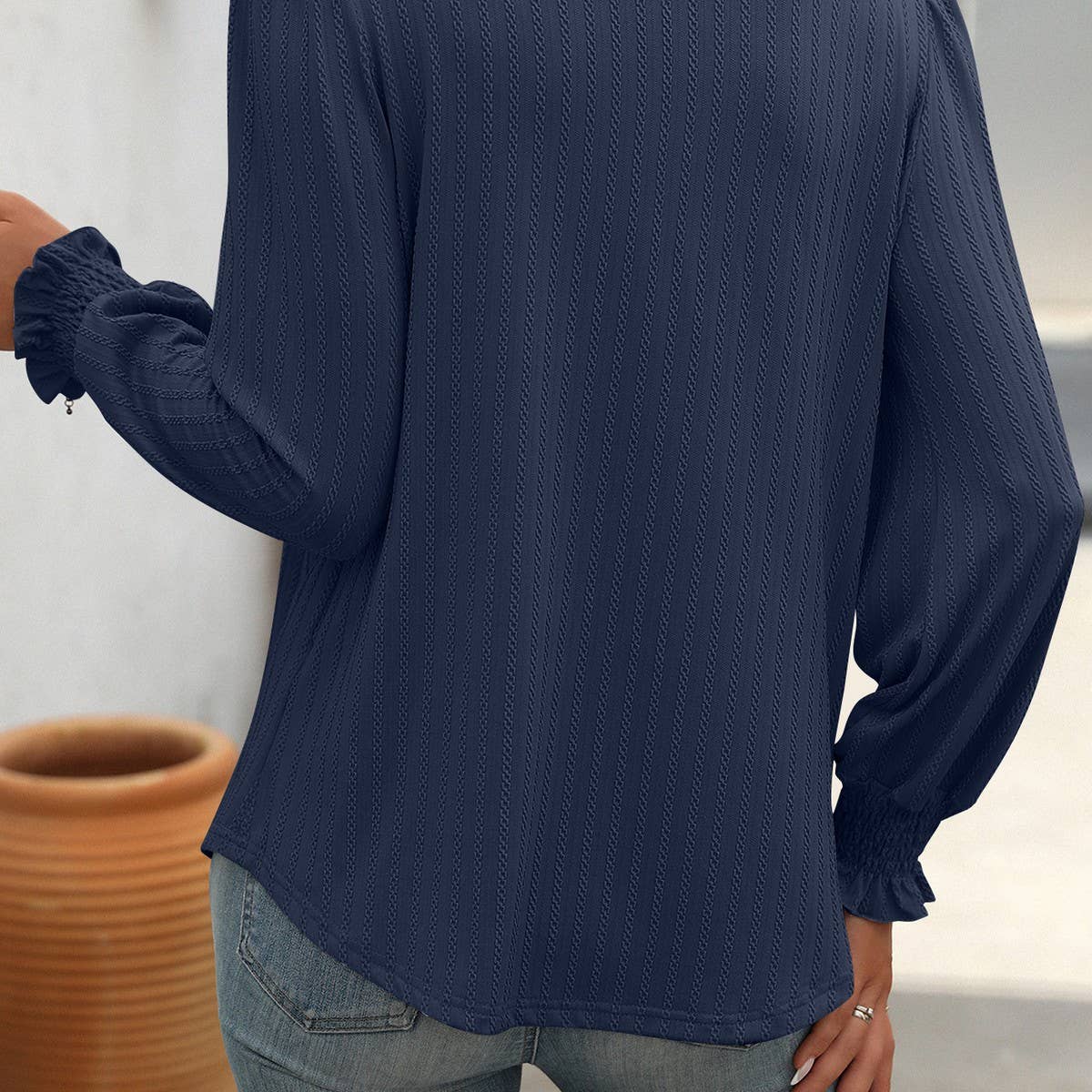 Casual square neck pleated long sleeve T-shirt