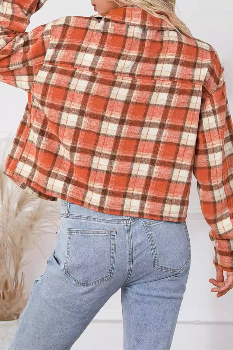 CWTSTL2384_FASHION PLAID LONG-SLEEVED SHIRT SHORT