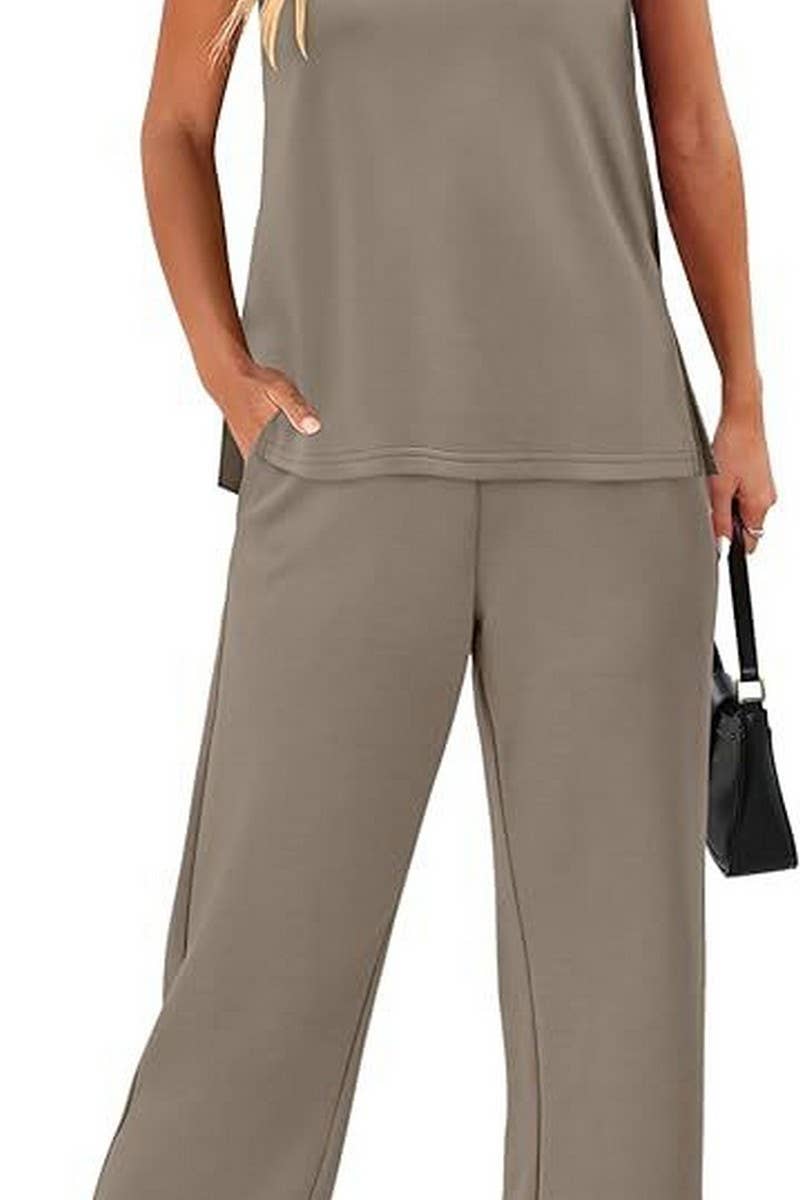 CWSS01304_SUMMER V-NECK VEST CASUAL PANTS MATCHING SET