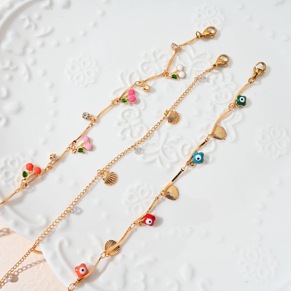 Beach Anklet with Cherry, Shell & Star Charms_CWAJE4609