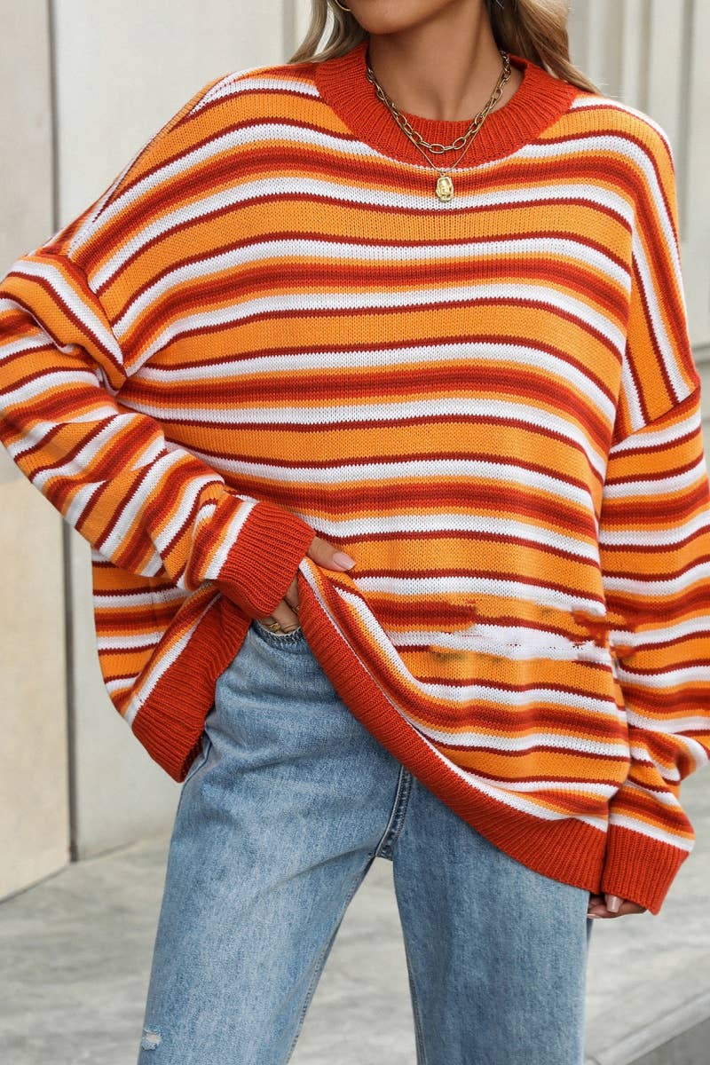 CWOSWL6504_WINTER STRIPED LONG-SLEEVED BAGGY SWEATER