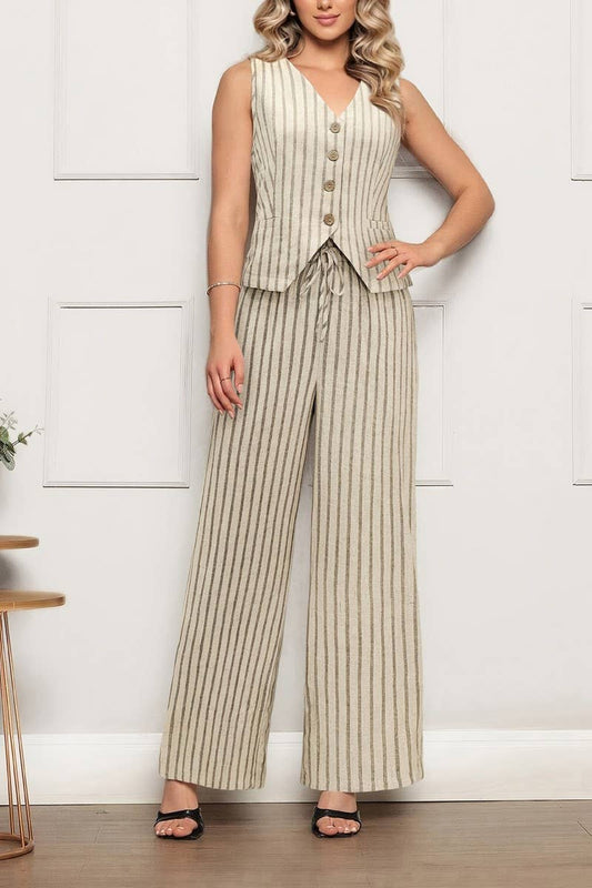 CWSTB2128_SLEEVELESS VEST & STRIPED ELASTIC WAIST PANTS SET