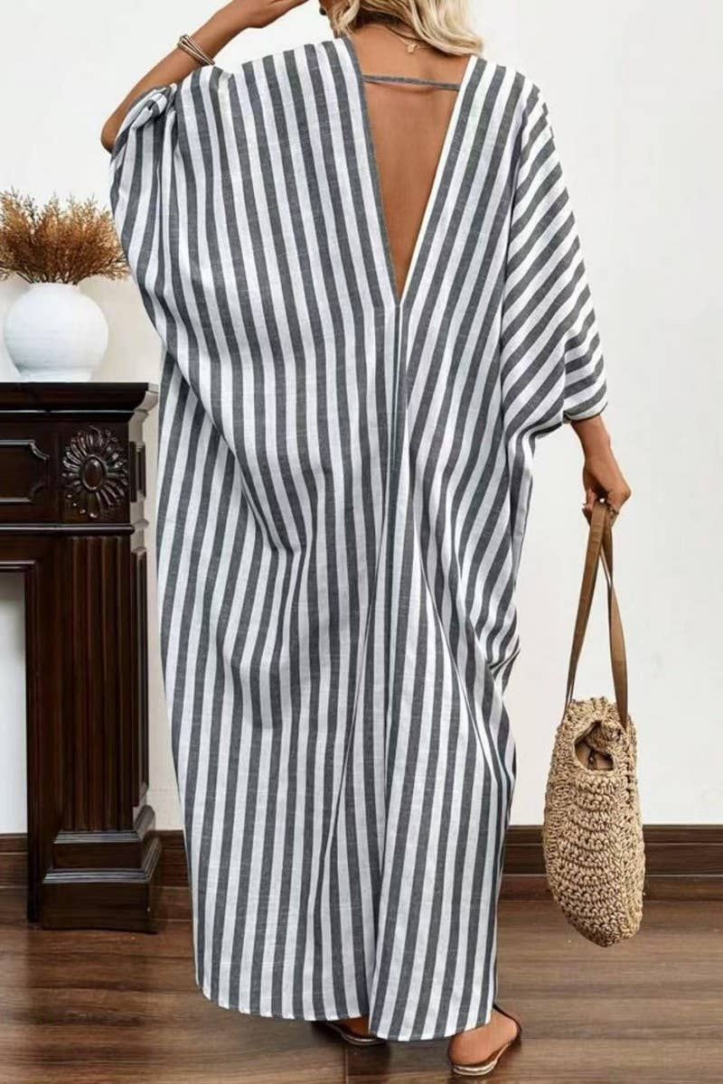 CWDMD5853_CASUAL LOOSE V-NECK STRIPED MAXI DRESS