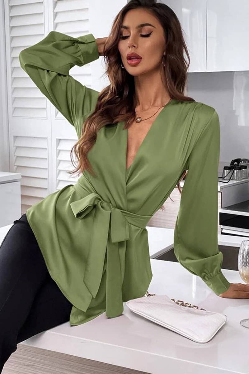 CWTBLL3934_V-NECK SOLID COLOR DRAWSTRING ASYMMETRIC HEM SHIR