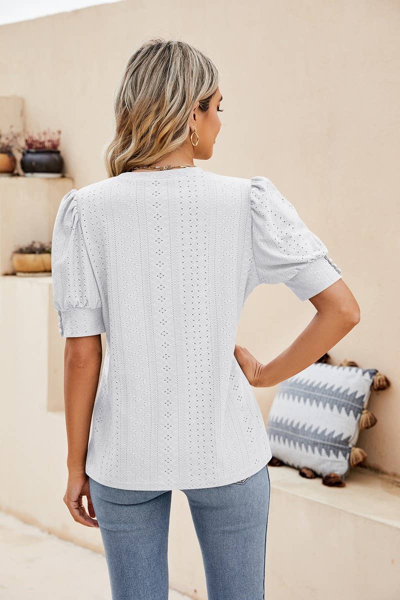 CWTBLS0615_ HOLLOW PUFF SLEEVES SHORT SLEEVED BLOUSE TOP