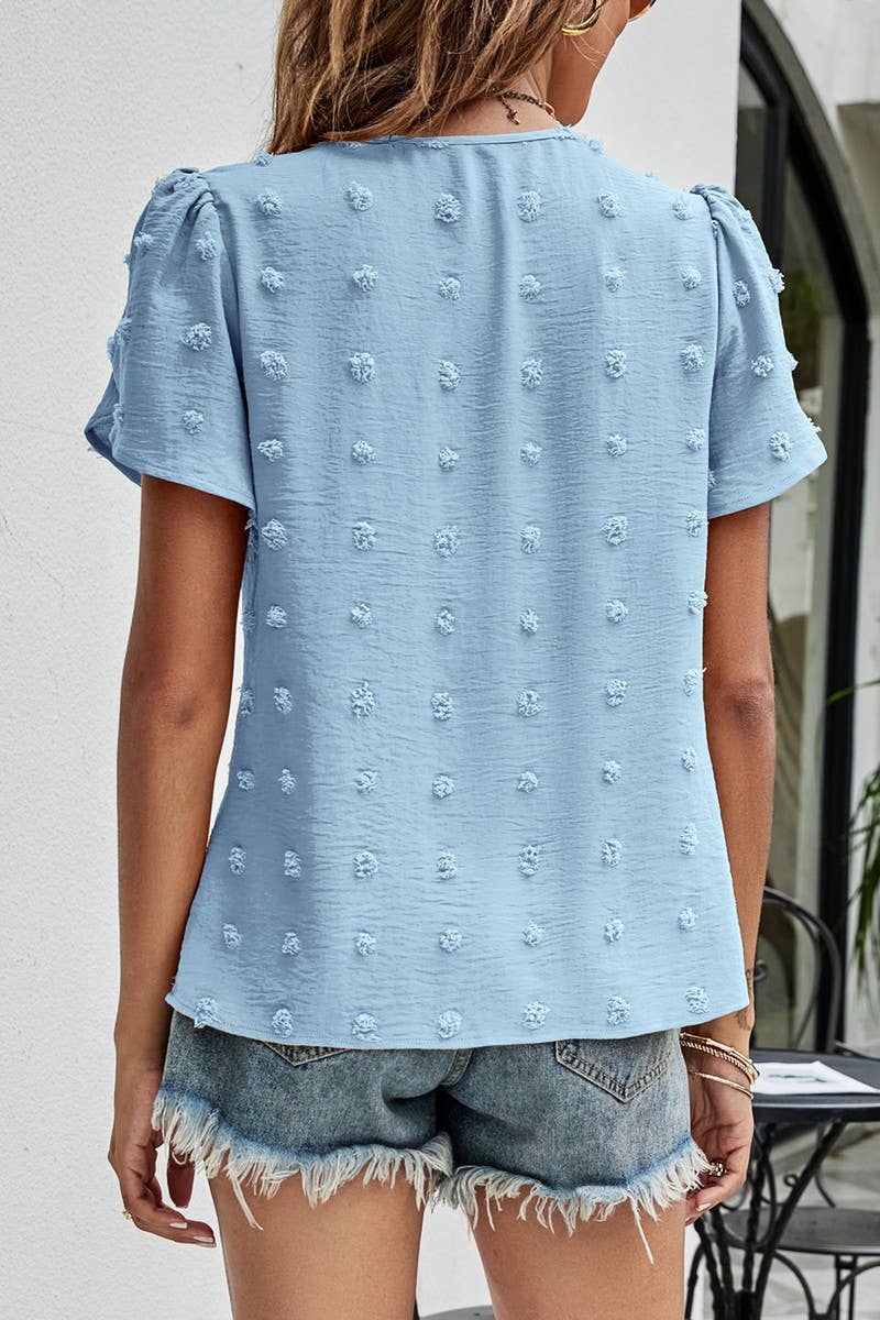 CWTBLS0342_Round neck Short Puff Sleeve Blouse