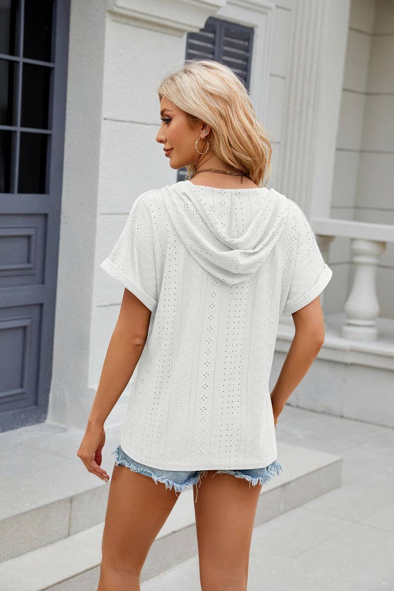 CWTTS1086_SOLID COLOR BUTTONED HOODED DRAWSTRING T-SHIRT