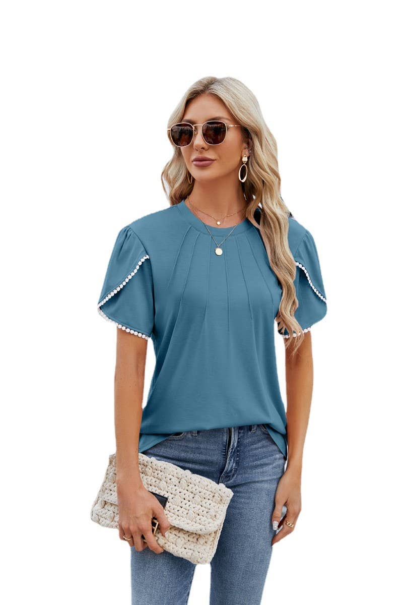 CWTBLS0882_RUFFLED BLOUSE WITH STRETCH PEARL PETAL SLEEVES