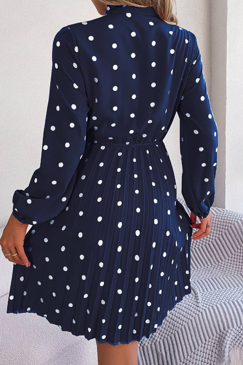 CWDSD4684_SUMMER POLKA-DOT WAIST LONG SLEEVE PLEATED DRESS