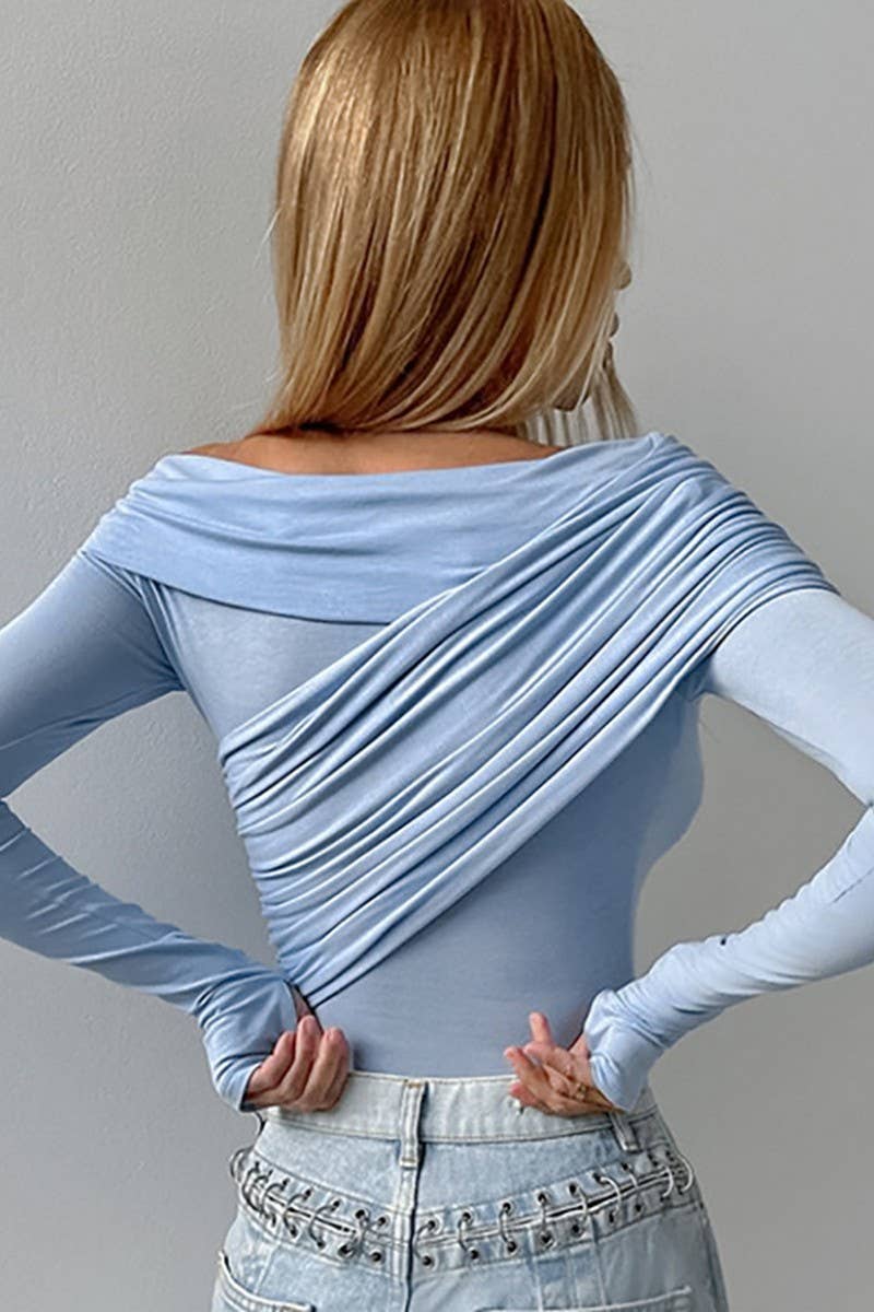 CWTBLL00584_BOAT NECK PLEATED SOLID COLOR LONG-SLEEVED TOP