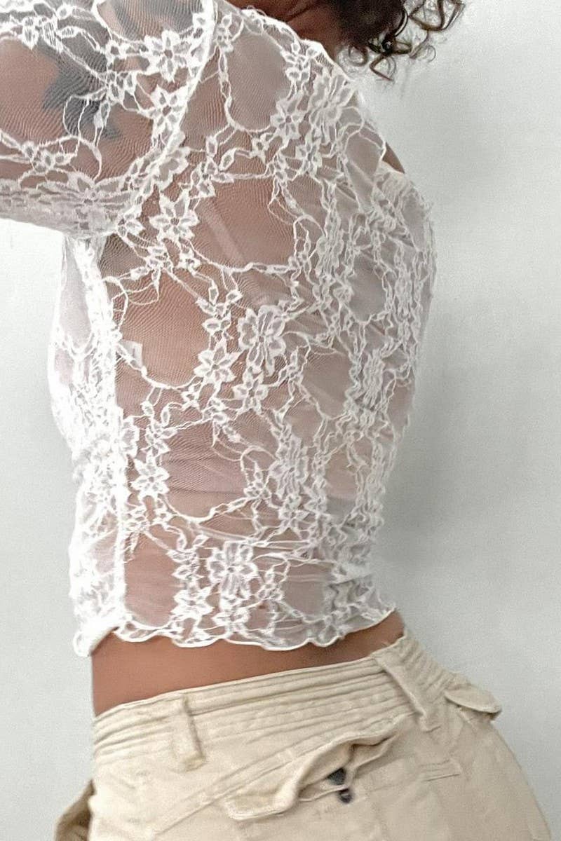 CWTBLL1194_SOLID COLOR LACE STITCHING LONG SLEEVE TOP