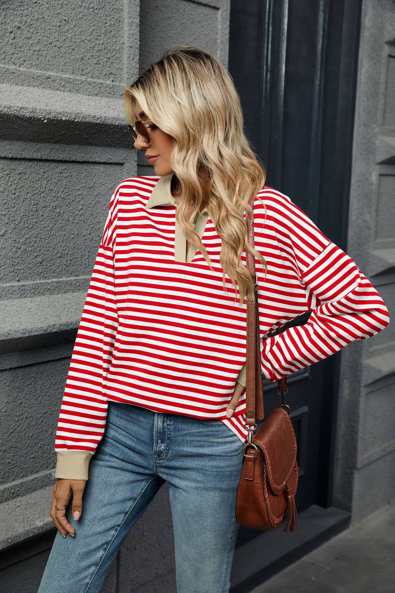 Color-blocking lapel long-sleeved striped hoodie