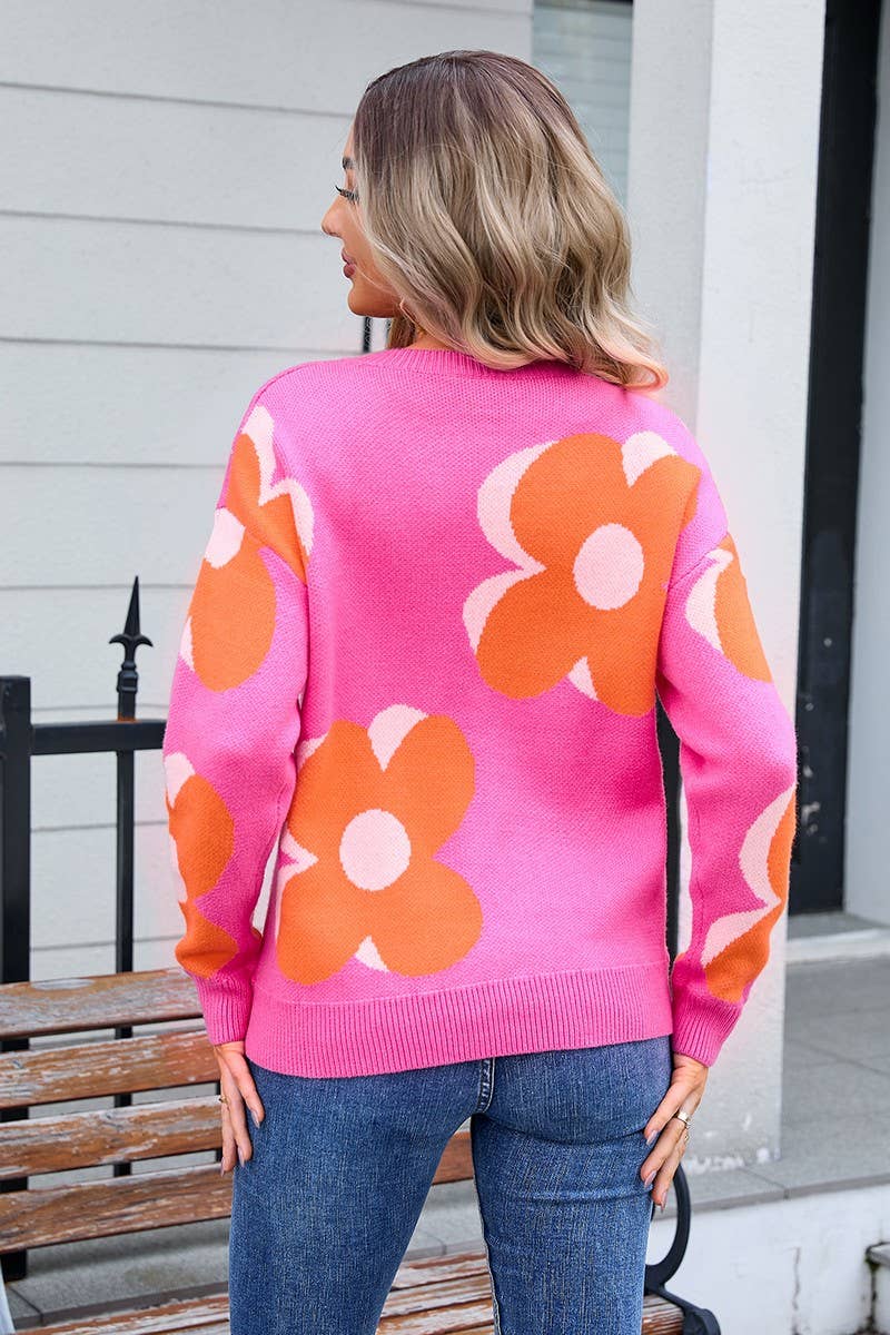 CWOSWL3067_LARGE FLOWER PRINT CREW NECK KNITTED SWEATER