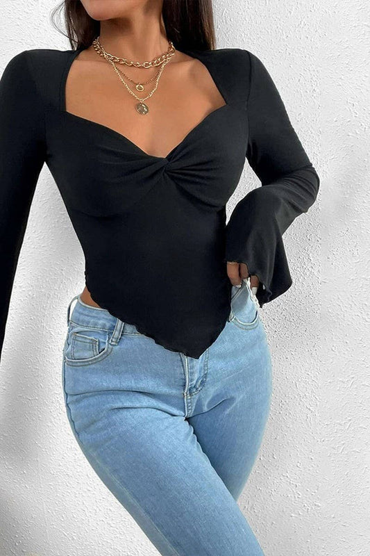 CWTBLL2702_V-NECK FLARED SLEEVES IRREGULAR KNITTED TOP