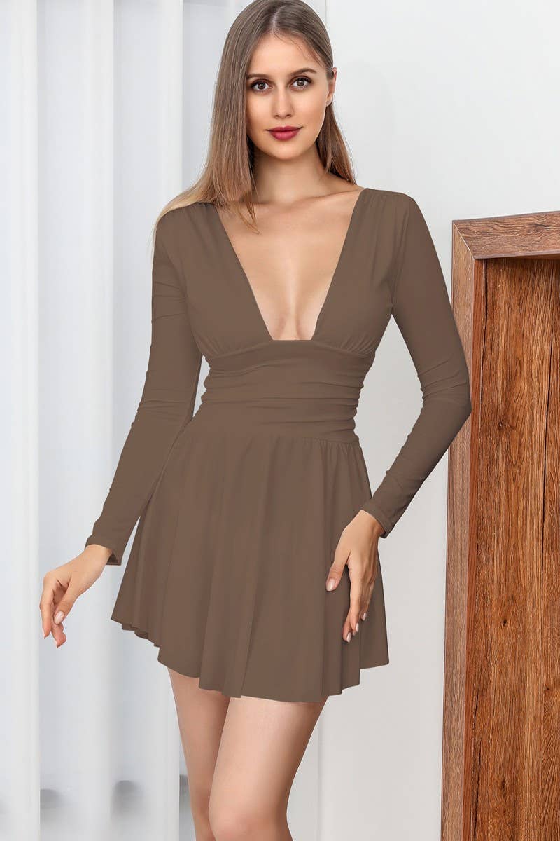 AUTUMN WINTER DEEP V PLEATED BODYCON DRESSCWDSD10783