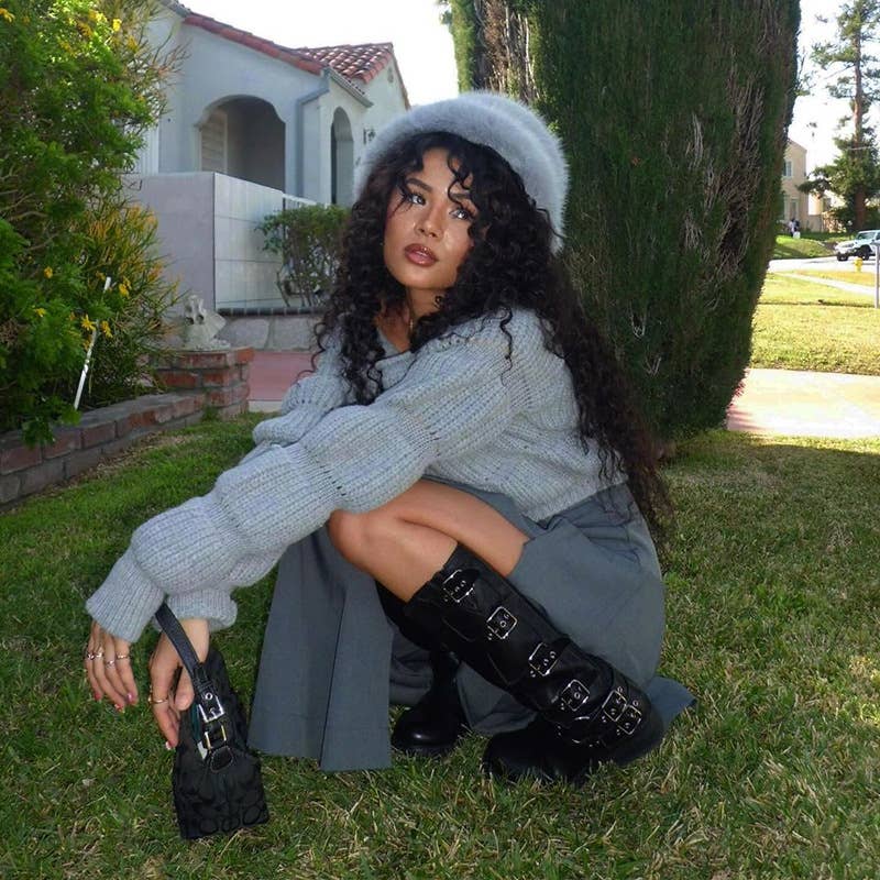 DESIGN SENSE LANTERN SLEEVE SHORT CROP SWEATER