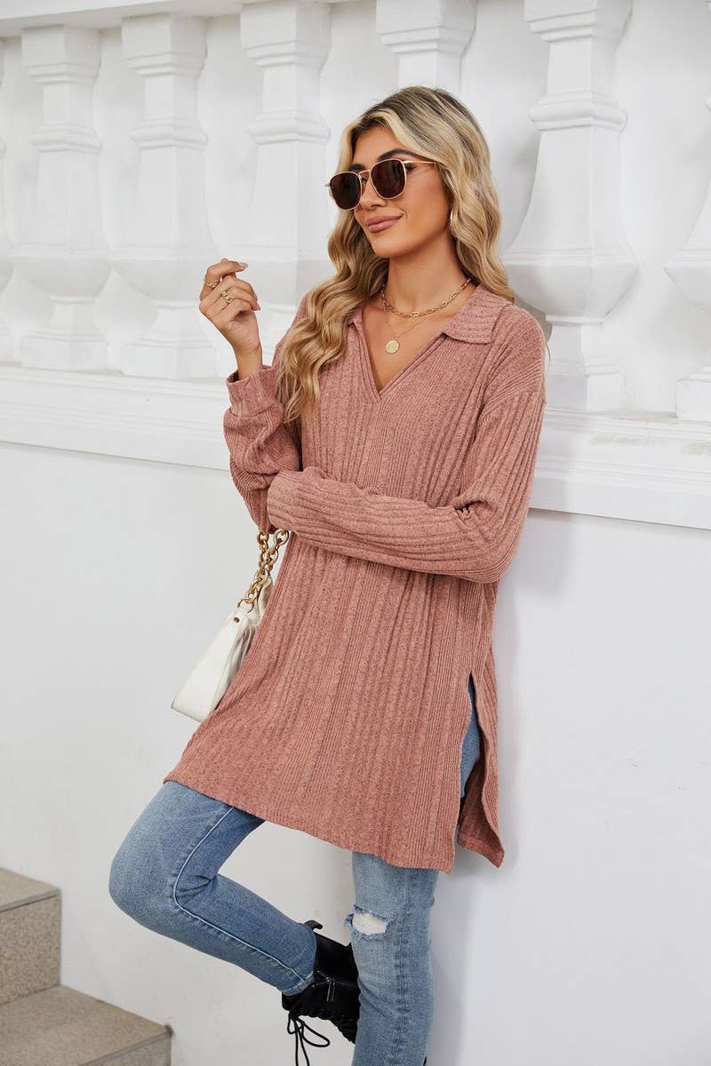 CWTBLL2351_SOLID COLOR V-NECK LONG SLEEVE SLIT T-SHIRT TOP