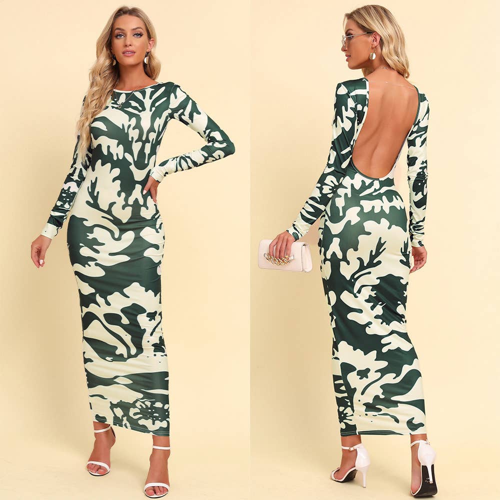 COLOR CONTRAST HALTER SLIM LONG-SLEEVED DRESS