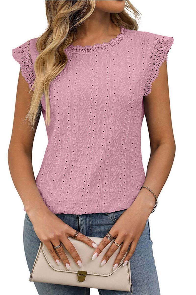 CWTBLS1619_SOLID COLOR ROUND NECK LACE STITCHING HOLLOW TOP