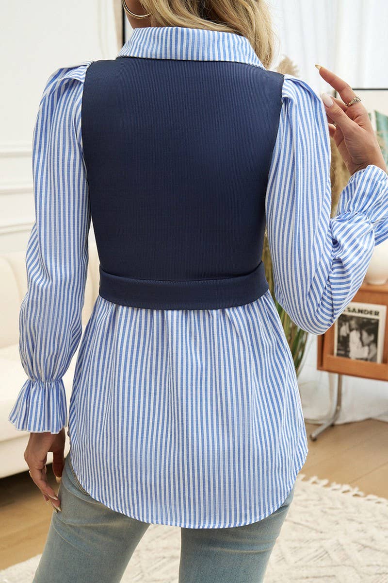 CWTBLL2772_FAKE TWO-PIECE STITCHING PUFF SLEEVE SHIRT