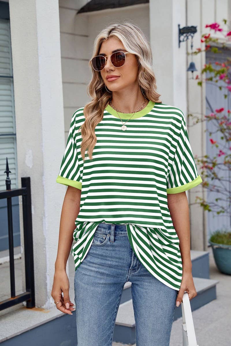 CWTTS1299_LOOSE STRIPED COLORBLOCK CREW NECK T-SHIRT TOP