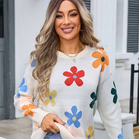 Floral crew-neck loose knit sweater