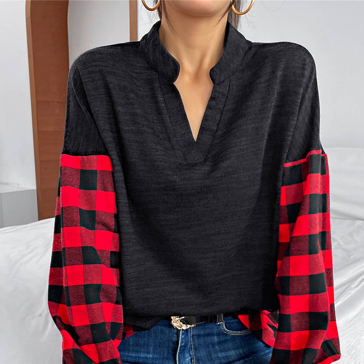 Classic casual patchwork plaid long-sleeved top