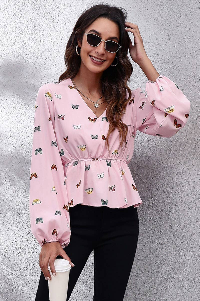 CWTBLL0707_V-Neck Long Sleeve Print Blouse