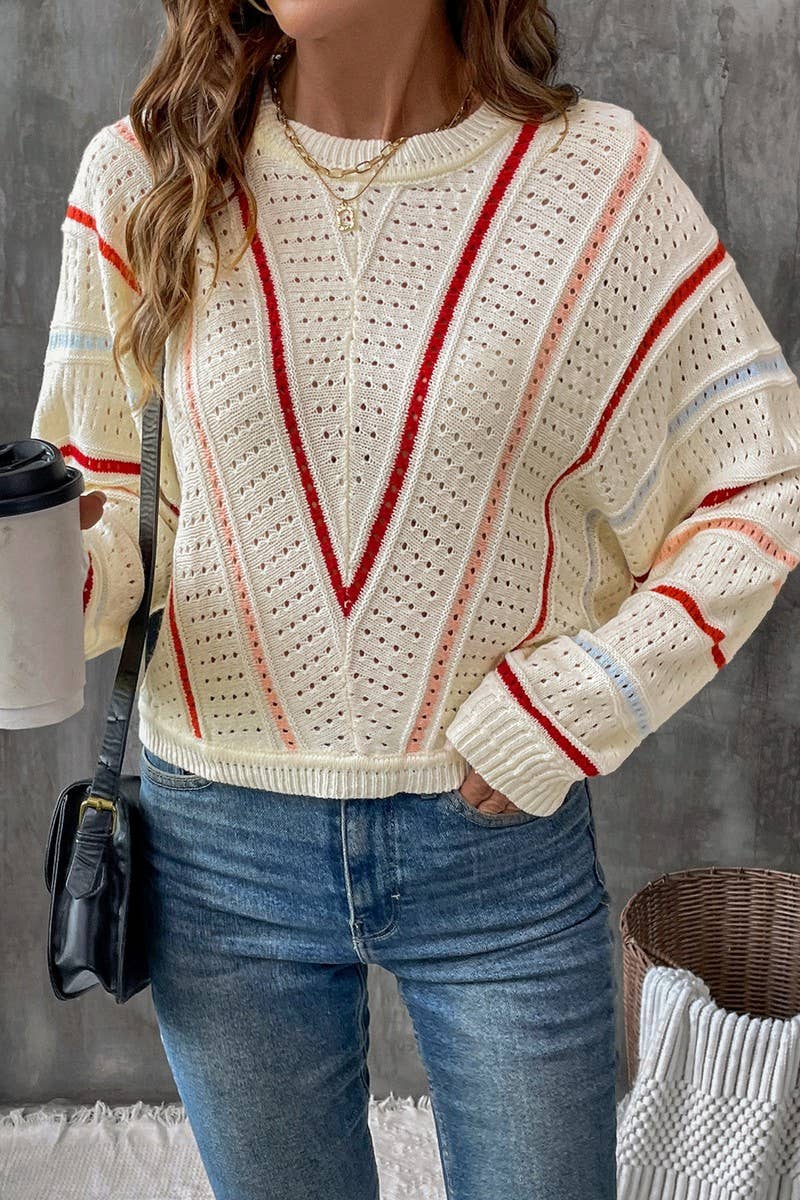 CWOSWL3837_COLORFUL STRIPED CREW NECK SWEATER