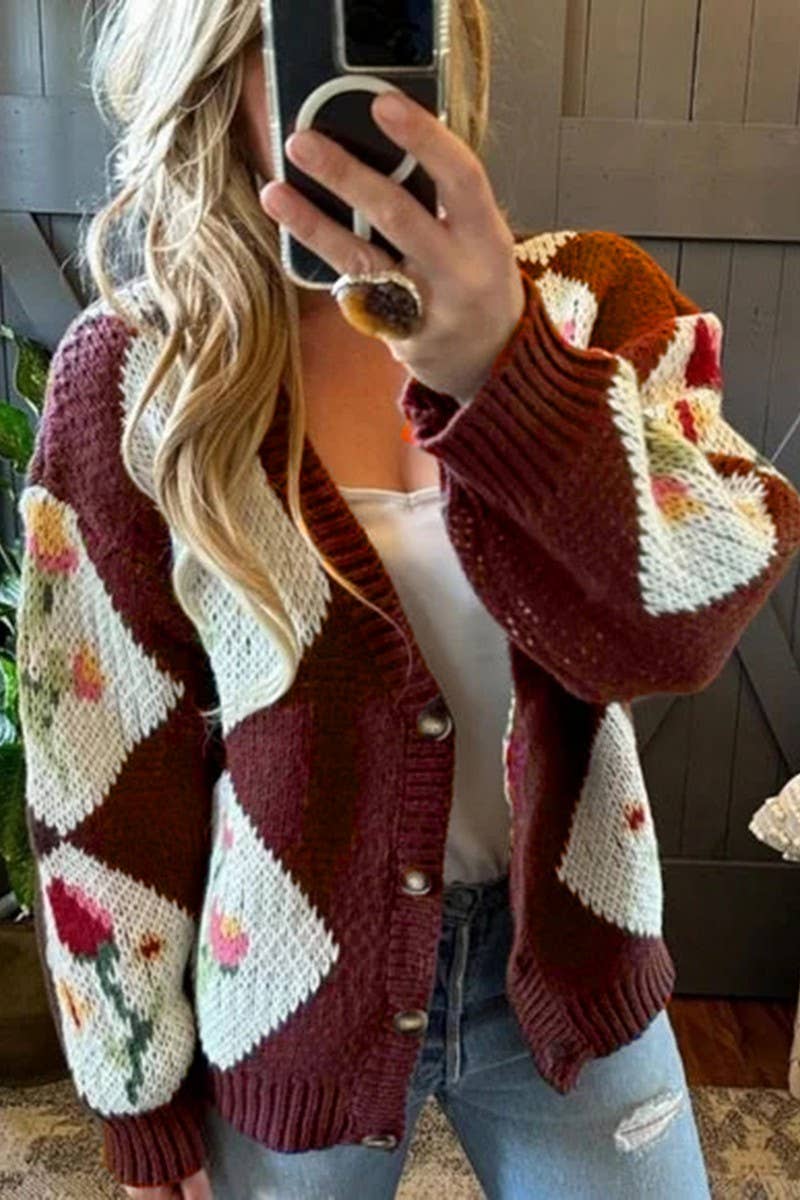 CWOCAL00568_CONTRASTING FLORAL JACQUARD-KNIT SWEATER COAT