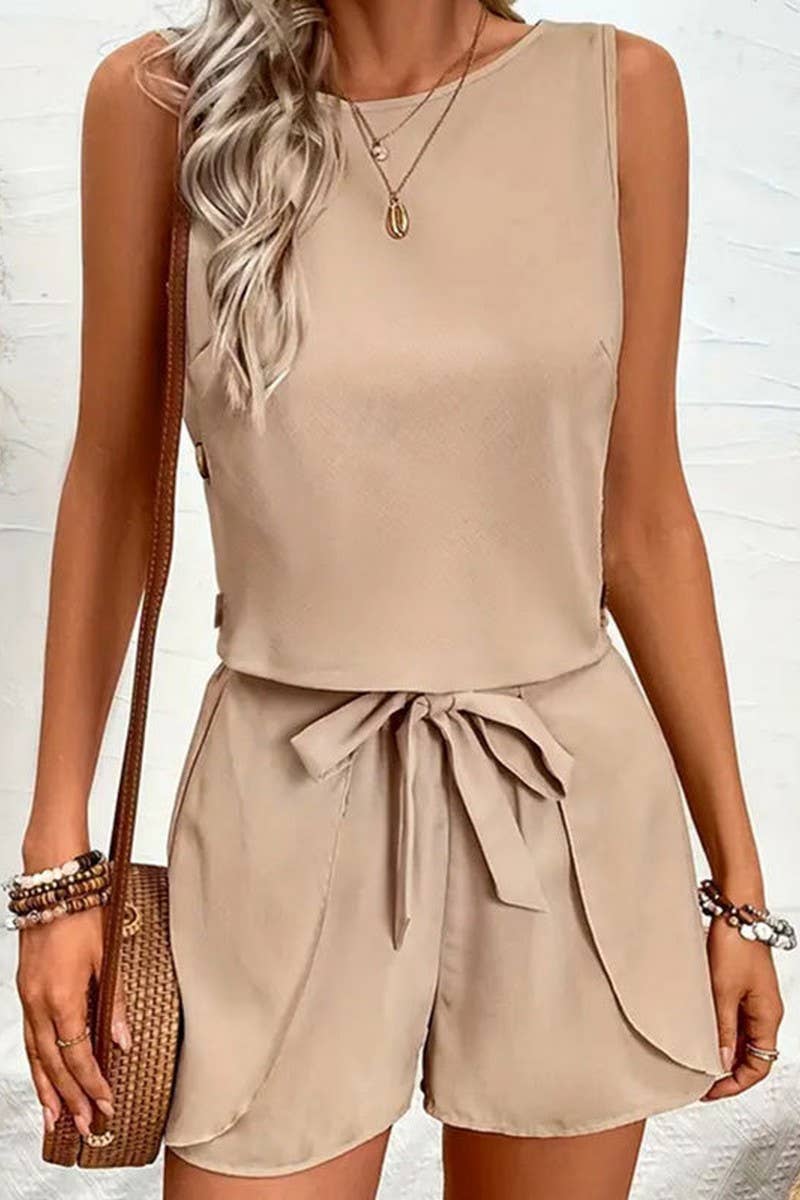 CWSS1123_LOTUS LEAF TIE BOW SOLID COLOR TWO-PIECE SET