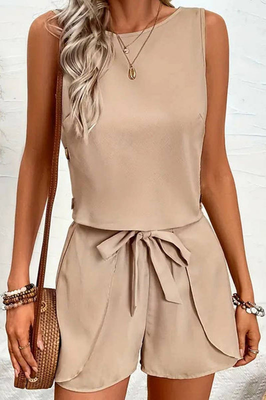 CWSS1123_LOTUS LEAF TIE BOW SOLID COLOR TWO-PIECE SET