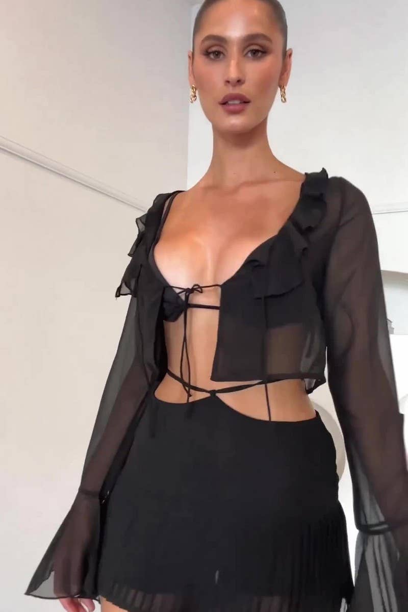 CWSTB2043_CHIFFON LONG SLEEVE TOP & PLEATED SKIRT SET