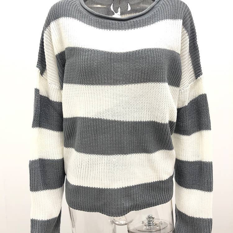 CREW-NECK STRIPED SWEATER WITH ROLLED EDGE - Casual Style