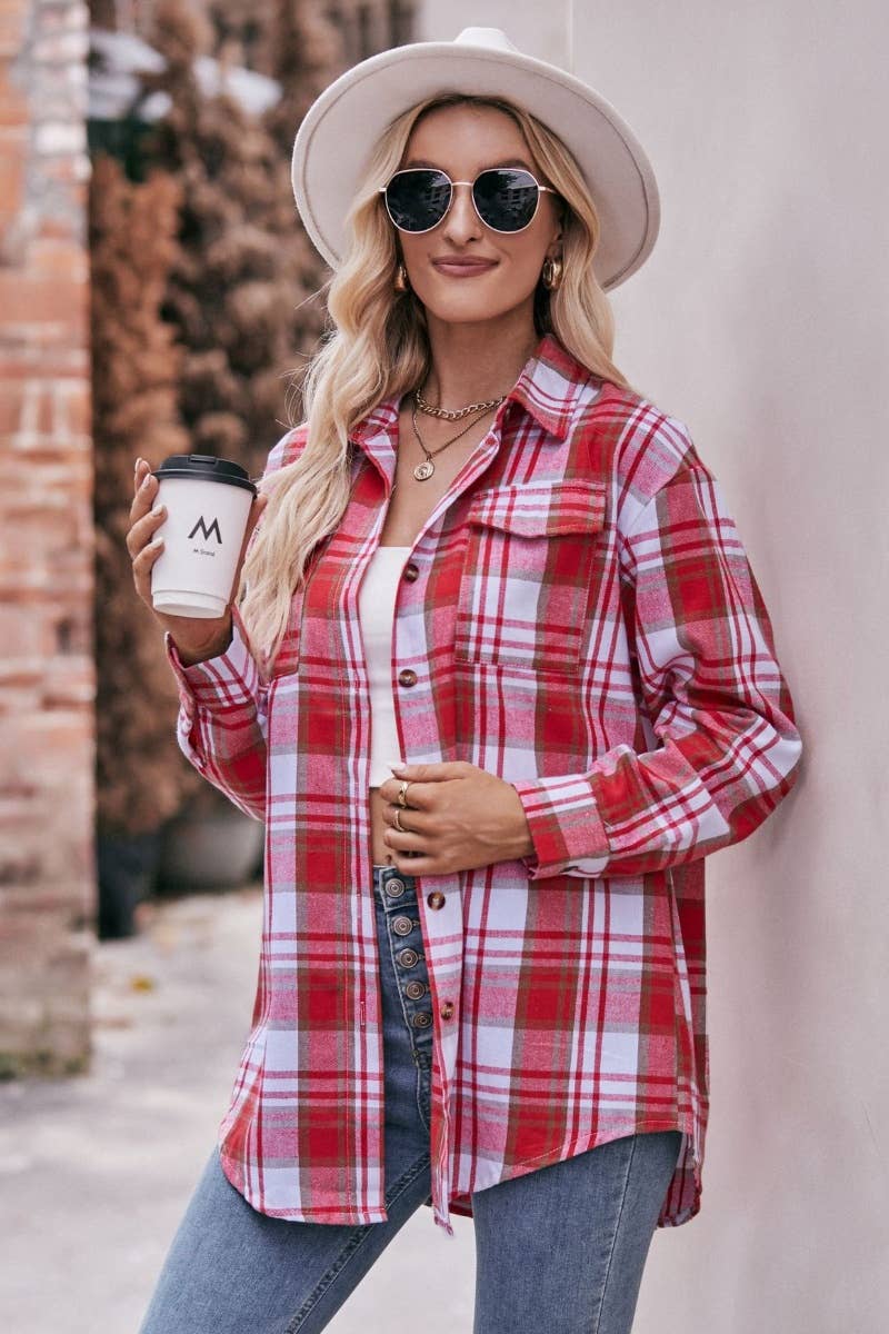 CWTSTL2188_AUTUMN WINTER POCKET PLAID LONG-SLEEVED SHIRT